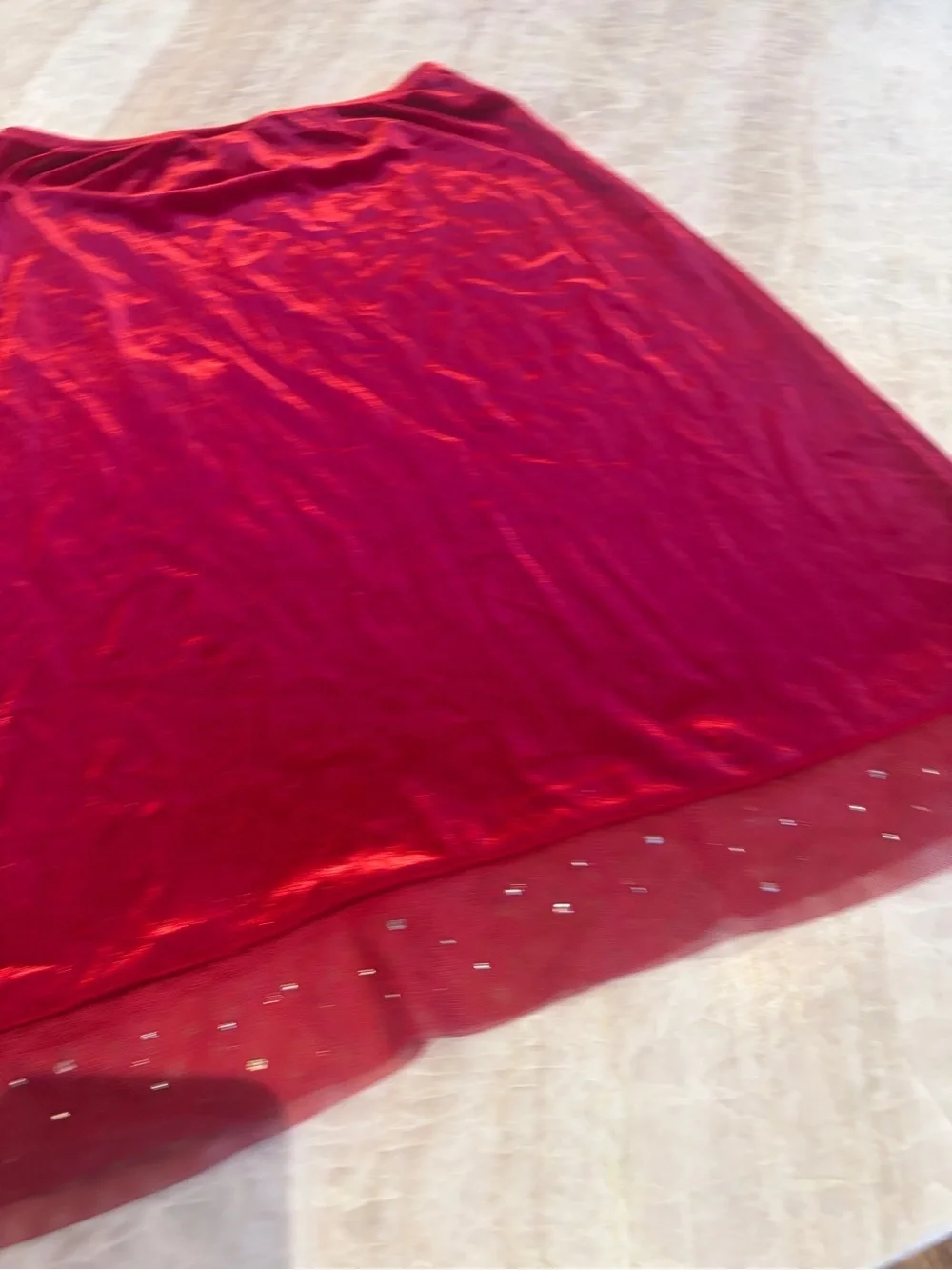 Y2K BCBG Max Azria Red Crushed Velvet Midi Skirt Size Small Rhinestone Mesh Hem